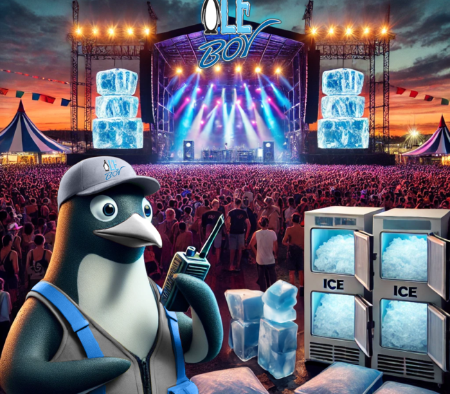 Ice Boy mascot holding a radio in front of a large crowd at Veld 2024 music festival, with ice blocks and vending machines in the foreground